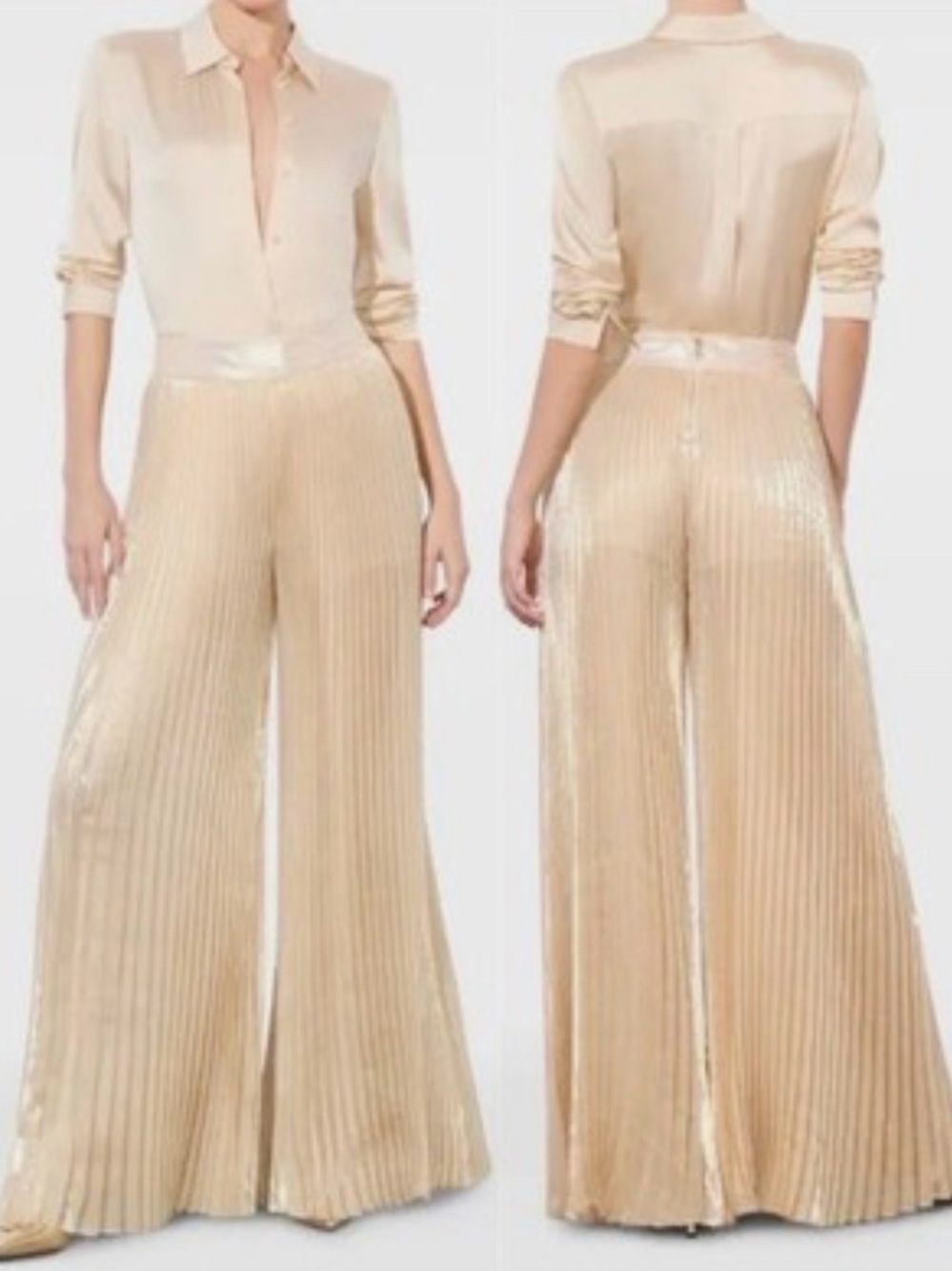 Alice + Olivia Metallic Cream Pleated Wide-Leg Jumpsuit